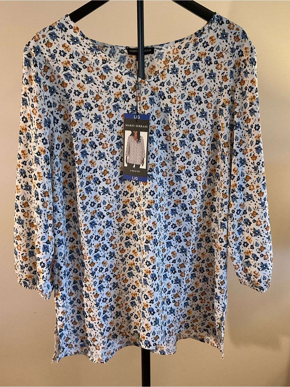Mario Serrani Light Blue Floral Tunic with Mustard and Navy Accents Size L NWT
